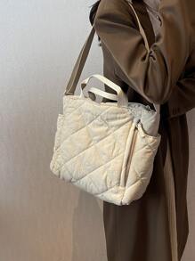 Quilted Detail Top Handle Bag - White - View 7