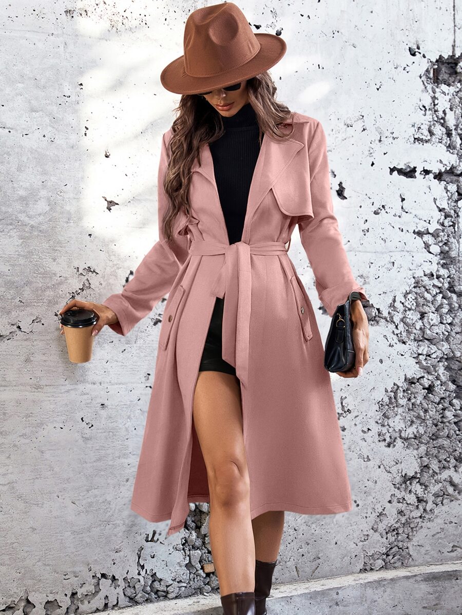 SHEIN LUNE Lapel Neck Belted Slant Pocket Coat - Pink - View 1