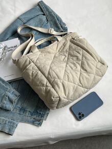 Quilted Detail Top Handle Bag - White - View 8