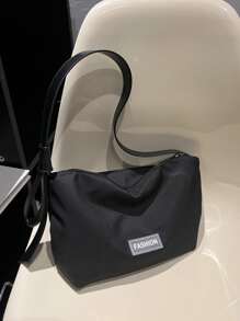 Letter Patch Decor Zipper Hobo Bag - Black - View 1