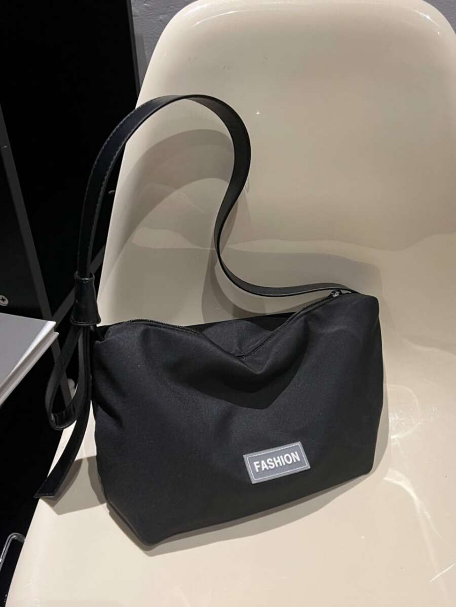 Letter Patch Decor Zipper Hobo Bag - Black - View 1