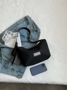 Letter Patch Decor Zipper Hobo Bag - Black - View 2