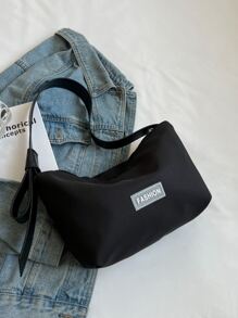 Letter Patch Decor Zipper Hobo Bag - Black - View 5