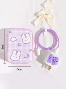 1入組兔子和格紋圖案數據綫收納袋 - 紫色 - 查看 3