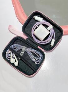 1入組兔子和格紋圖案數據綫收納袋 - 紫色 - 查看 4