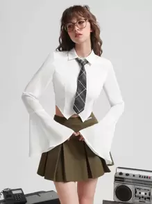 SHEIN MOD 荷葉袖不對稱下擺襯衫 - 白色 - 查看 1