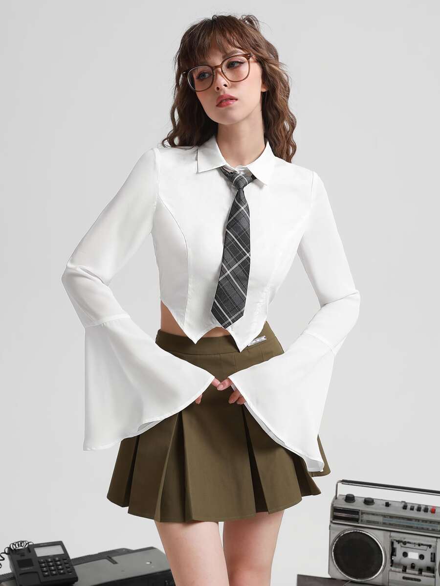 SHEIN MOD 荷葉袖不對稱下擺襯衫 - 白色 - 查看 1