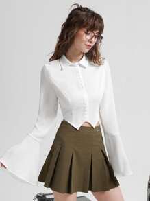 SHEIN MOD 荷葉袖不對稱下擺襯衫 - 白色 - 查看 5