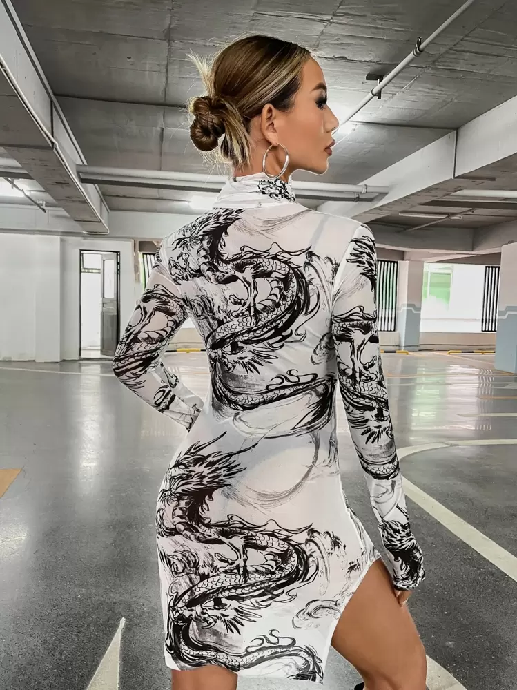 mesh dragon print dress Long Sleeve Dragon Mesh Print Back Detail Maxi Dress In Black Slinky | EGO  US