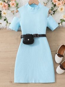 Chicas Vestido de hombros descubiertos tejido de canalé - Azul - Ver 1