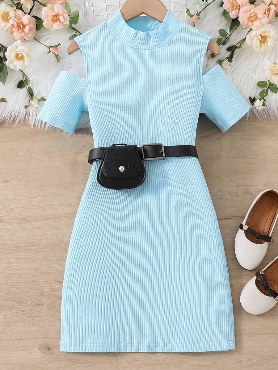 Chicas Vestido de hombros descubiertos tejido de canalé - Azul - Ver 1