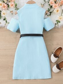 Chicas Vestido de hombros descubiertos tejido de canalé - Azul - Ver 2