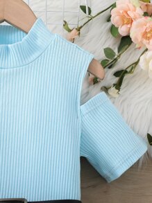 Chicas Vestido de hombros descubiertos tejido de canalé - Azul - Ver 3