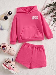 SHEIN Baby Letter Graphic Kangaroo Pocket Hoodie & Shorts - Pink - View 1