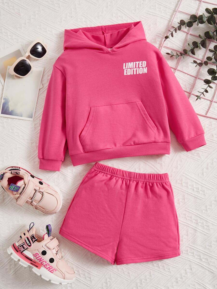 SHEIN Baby Letter Graphic Kangaroo Pocket Hoodie & Shorts - Pink - View 1