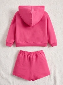 SHEIN Baby Letter Graphic Kangaroo Pocket Hoodie & Shorts - Pink - View 2
