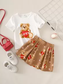 SHEIN 小女童熊和字母圖案T恤和裙子 - 彩色 - 查看 1