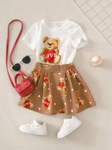 SHEIN 小女童熊和字母圖案T恤和裙子 - 彩色 - 查看 3