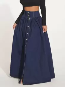 SHEIN SXY 高腰前紐扣喇叭下擺牛仔半身裙 - 深色水洗藍 - 查看 4