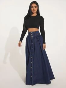 SHEIN SXY 高腰前紐扣喇叭下擺牛仔半身裙 - 深色水洗藍 - 查看 5