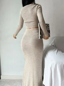 RueChic Ribbed Knit Crop Jumper & Split Thigh Knit Skirt - Apricot - View 2