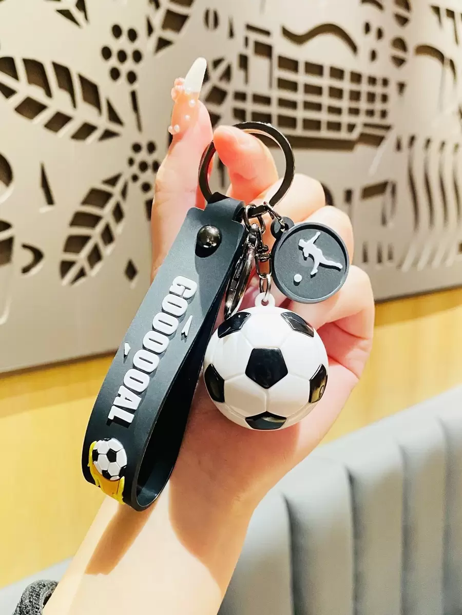 1pc White Simulation Football Shaped Keychain Casual Car Accessories Bag Charm Backpack For School Cute Goth Y2k - Black and White - View 1