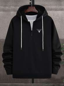 Manfinity Homme 男士小鹿刺繡四分之一拉鏈抽繩連帽衫 - 黑色 - 查看 3