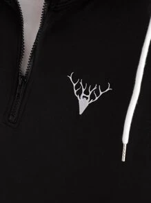 Manfinity Homme 男士小鹿刺繡四分之一拉鏈抽繩連帽衫 - 黑色 - 查看 5