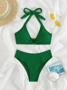 環型連接領帶式夏季沙灘比基尼套裝 - 綠色 - 查看 3
