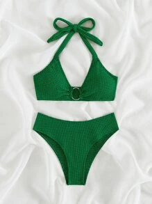 環型連接領帶式夏季沙灘比基尼套裝 - 綠色 - 查看 4