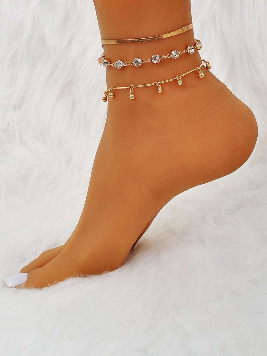 3入組水鑽裝飾腳錬 - 金黃色 - 查看 1