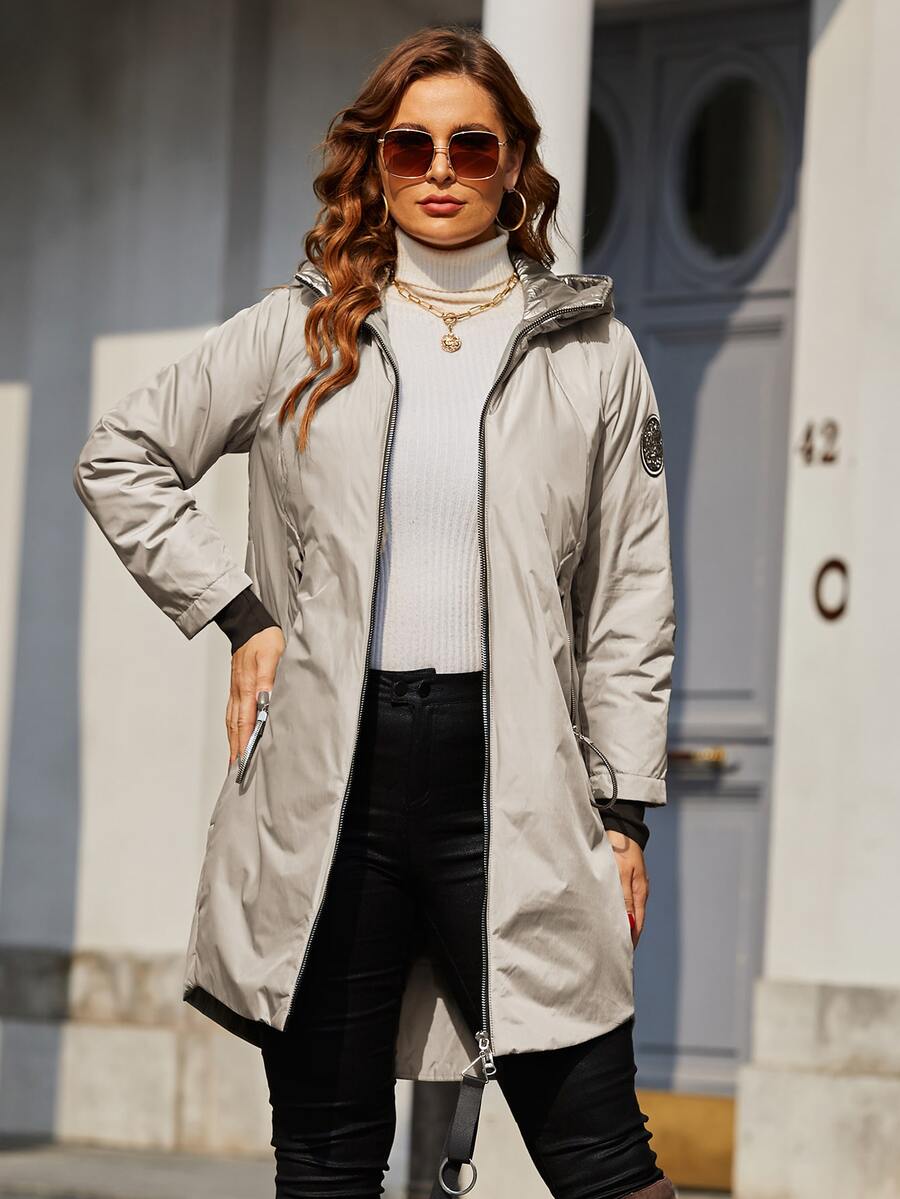 Plus Size Zip Up Áo khoác có dây rút có mũ trùm đầu - Màu Xám nhạt - Xem 1