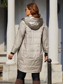 Plus Size Zip Up Áo khoác có dây rút có mũ trùm đầu - Màu Xám nhạt - Xem 2