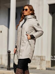 Plus Size Zip Up Áo khoác có dây rút có mũ trùm đầu - Màu Xám nhạt - Xem 4