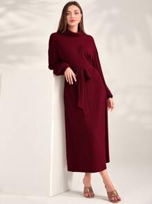 Seusyu Vestido con cuello de embudo y cinturón en color rojo borgoña - Burdeos - Ver 1