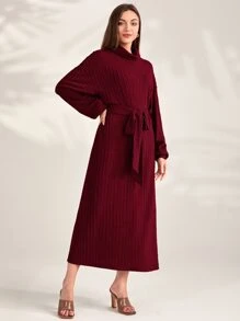 Seusyu Vestido con cuello de embudo y cinturón en color rojo borgoña - Burdeos - Ver 3