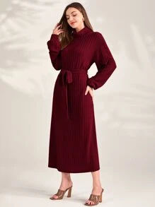 Seusyu Vestido con cuello de embudo y cinturón en color rojo borgoña - Burdeos - Ver 4