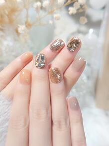 用24入組短橢圓形漸變閃光水鑽3d假指甲可拆卸耐磨貼指甲和1入組指甲銼和1張膠帶改變您指甲 - 彩色 - 查看 1