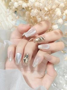 Instantly Upgrade Your Look with 30pcs Medium Long Ballerina Cat Eye Shape 3d Fake Nails Detachable Wearable Press On Nails & 1pc Nail File & 1sheet Tape - Multicolor - View 5