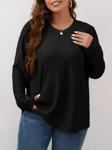 SHEIN LUNE 大碼素色網眼刺繡T恤 - 黑色 - 查看 1