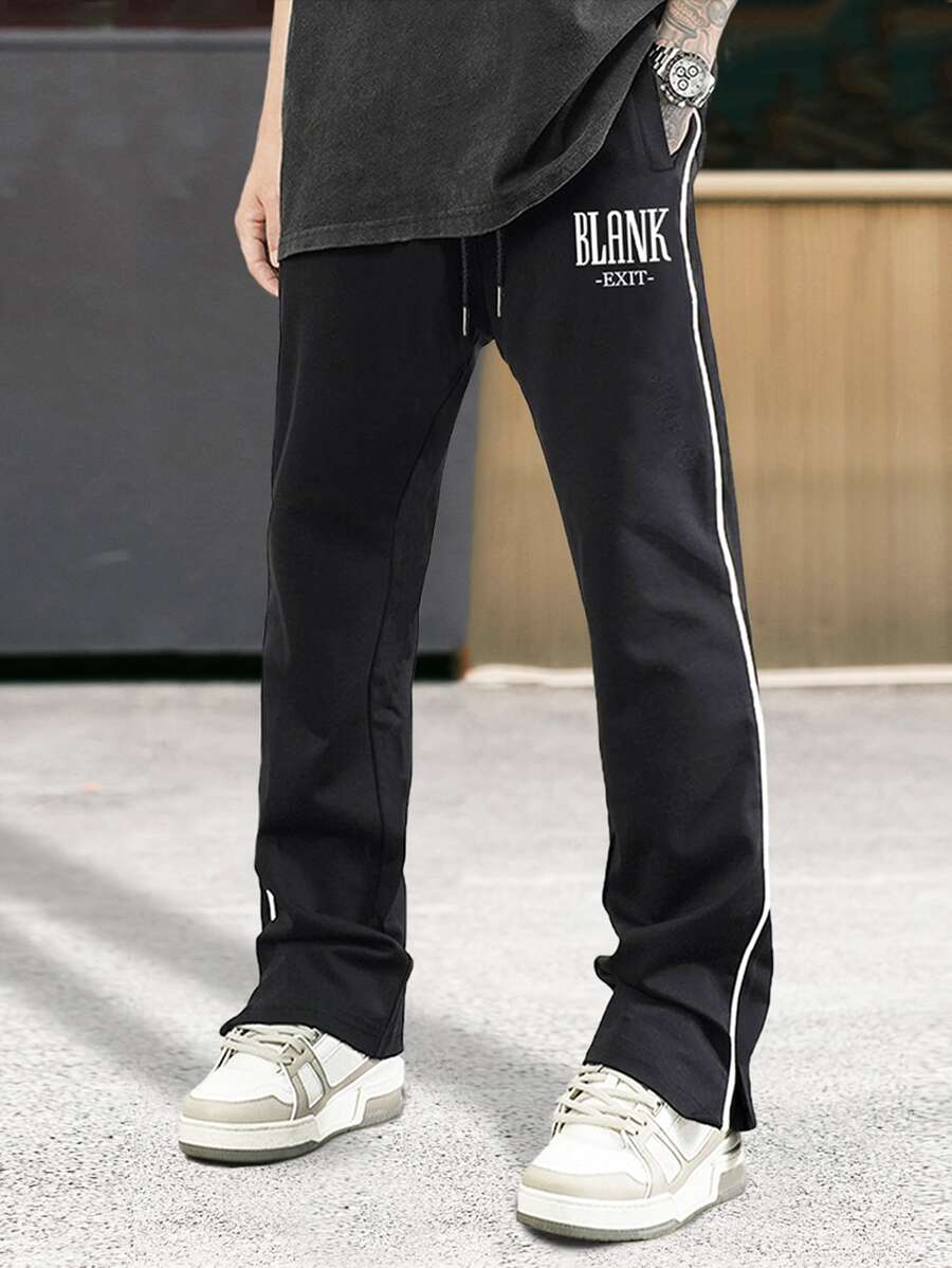 Manfinity Campus Court Aesthetic Post--Loose Fit Men's Pants With Letter Graphics And Contrast Piping - Black - View 1