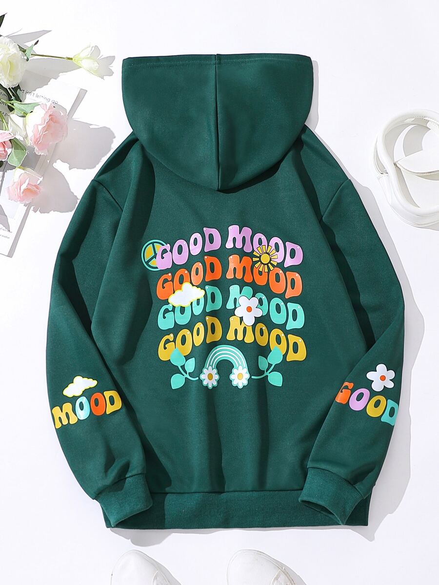 Teen Girls Slogan & Cartoon Graphic Drop Shoulder Sweatshirt - Dark Green - View 1