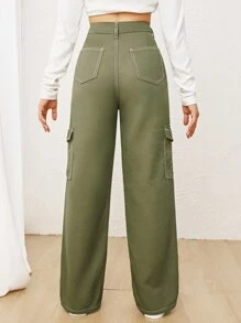 SHEIN Teen Girls Solid Color Casual Straight Leg Utility Denim-Effect Pants - Army Green - View 2