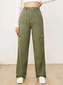 SHEIN Teen Girls Solid Color Casual Straight Leg Utility Denim-Effect Pants - Army Green - View 3