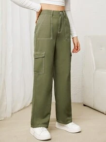 SHEIN Teen Girls Solid Color Casual Straight Leg Utility Denim-Effect Pants - Army Green - View 5