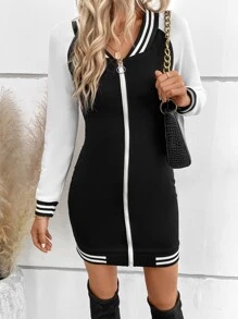 SHEIN LUNE Striped Trim Raglan Sleeve Zip Up Baseball Collar Bodycon Dress - Black - View 2