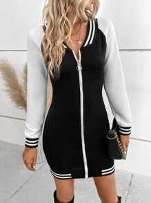 SHEIN LUNE Striped Trim Raglan Sleeve Zip Up Baseball Collar Bodycon Dress - Black - View 4