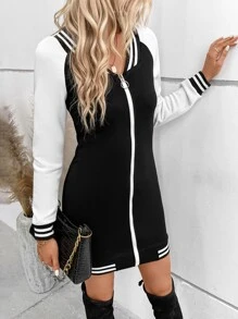 SHEIN LUNE Striped Trim Raglan Sleeve Zip Up Baseball Collar Bodycon Dress - Black - View 5