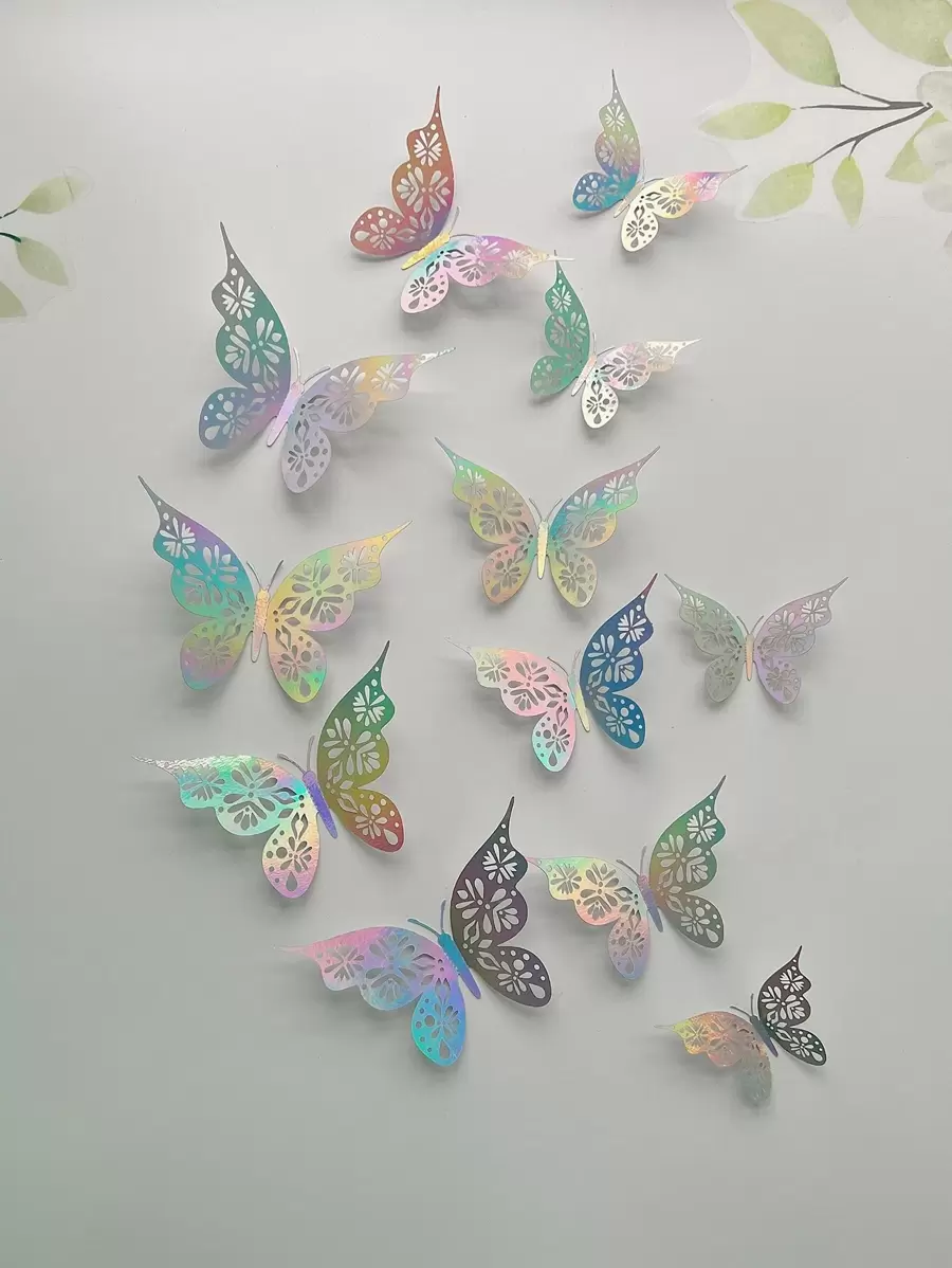 1 Set 12pcs Hollow Out 3D Butterfly Sticker,Colorful Butterfly Wall Decorations For Living Room And Bedroom,Stickers,Wall Decal, Vinyl Decal For Home Decorations,Spring Decoration Items Refresh Your Home,Rama Decoration Stickers - Multicolor - View 1