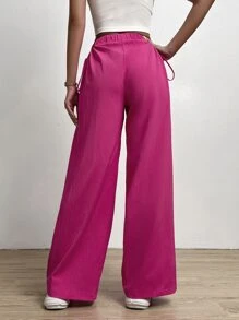 SHEIN Essnce Elastic Waist Knot Side Wide Leg Trousers - Hot Pink - View 2